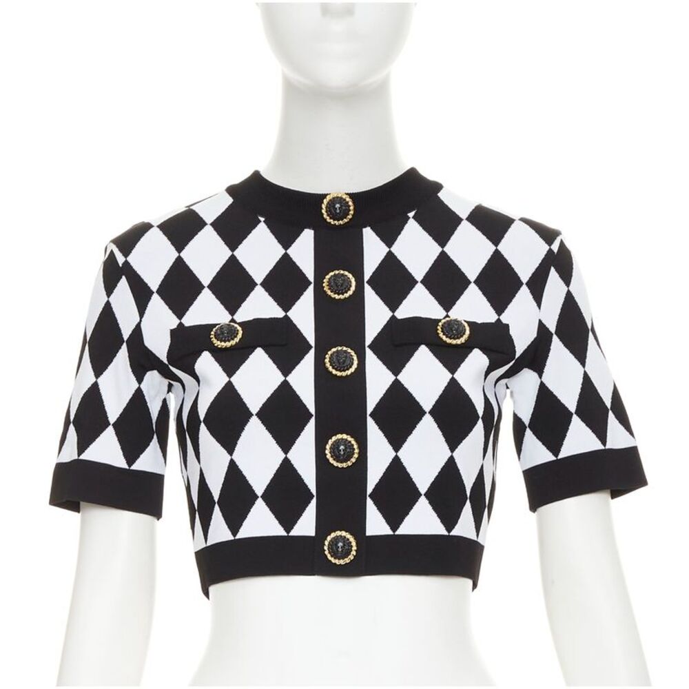 Balmain diamond check gold lion buttons sweater